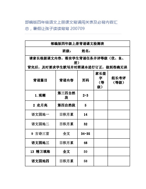 部编版四年级语文上册课文背诵闯关表及必背内容汇总,暑假让孩子读读背背2