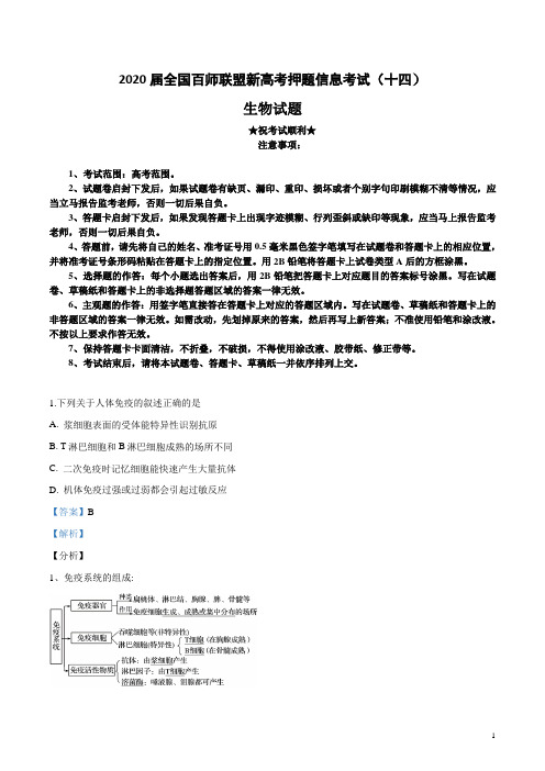2020届全国百师联盟新高考押题信息考试(十四)生物试卷