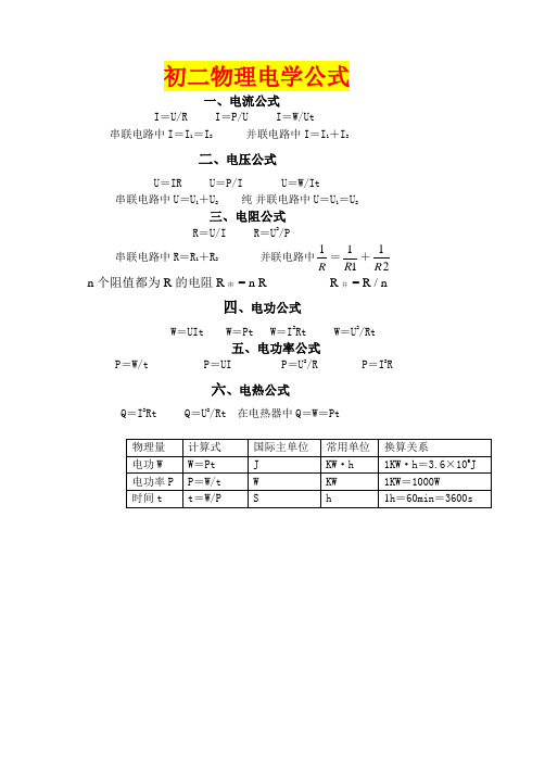 初二物理电学公式