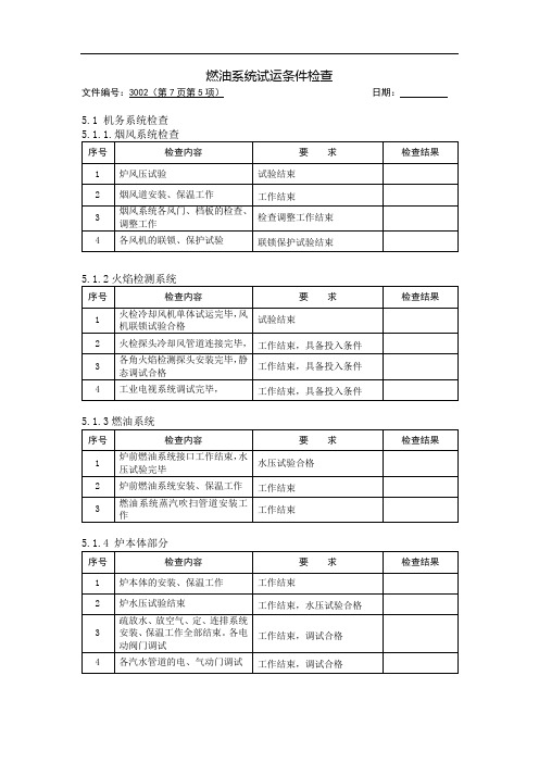 3002锅炉燃油系统试运检查表