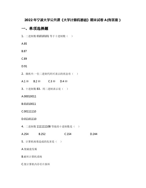 2022年宁波大学公共课《大学计算机基础》期末试卷A(有答案)