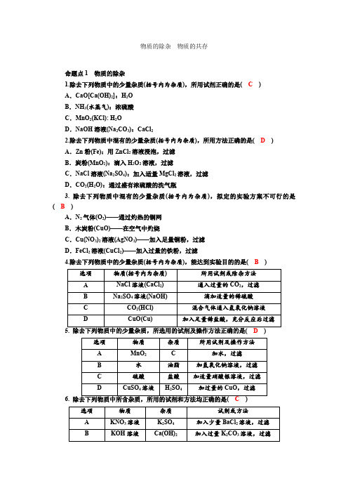 2020年中考化学专项训练  物质的除杂  物质的共存