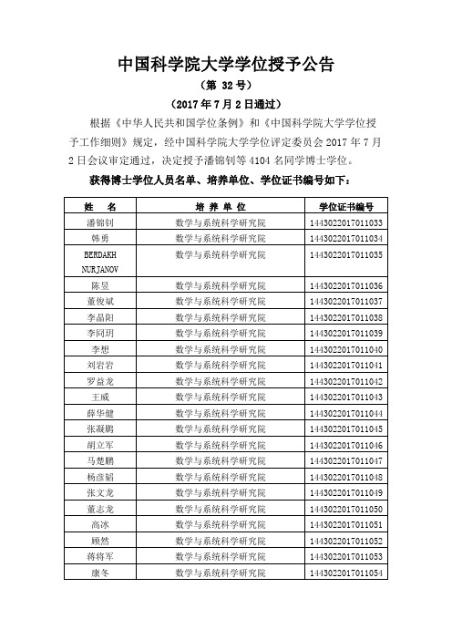 科学院大学学位授予公告