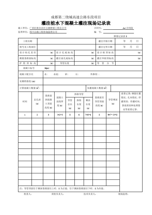 灌注桩水下混凝土灌注现场记录表