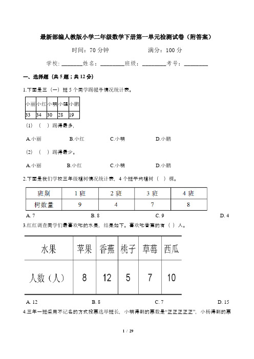 最新部编人教版小学二年级数学下册第1--5单元检测试卷(附答案)五套