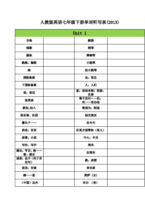 人教版英语七年级下册单词听写表