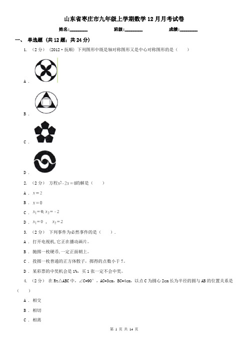 山东省枣庄市九年级上学期数学12月月考试卷