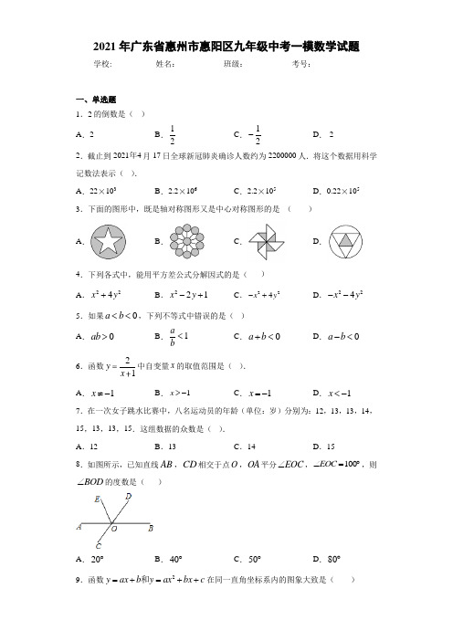 2021年广东省惠州市惠阳区九年级中考一模数学试题