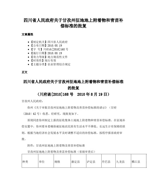 四川省人民政府关于甘孜州征地地上附着物和青苗补偿标准的批复