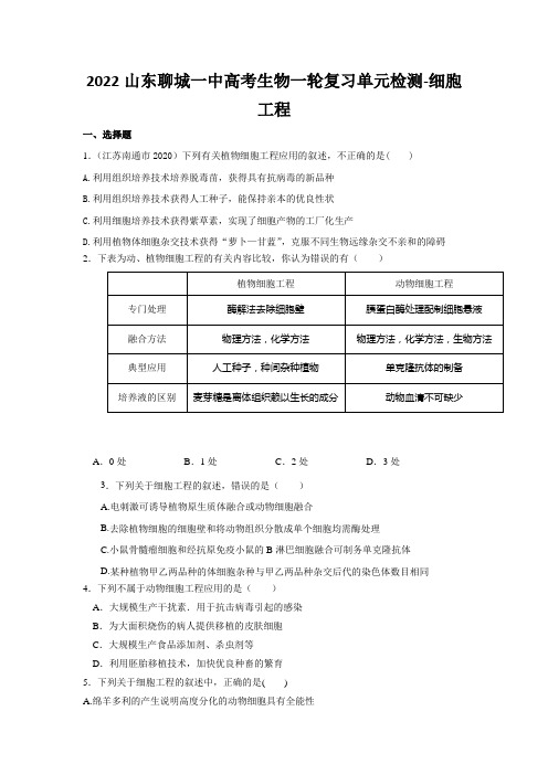 2022山东聊城一中高考生物一轮复习单元检测-细胞工程