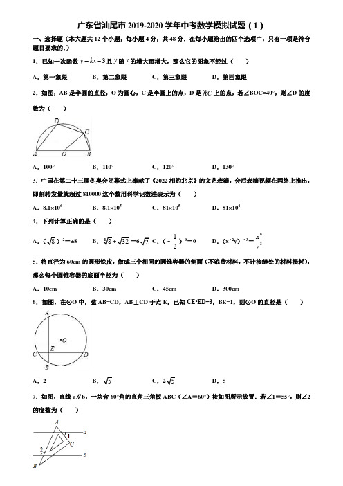 广东省汕尾市2019-2020学年中考数学模拟试题(1)含解析