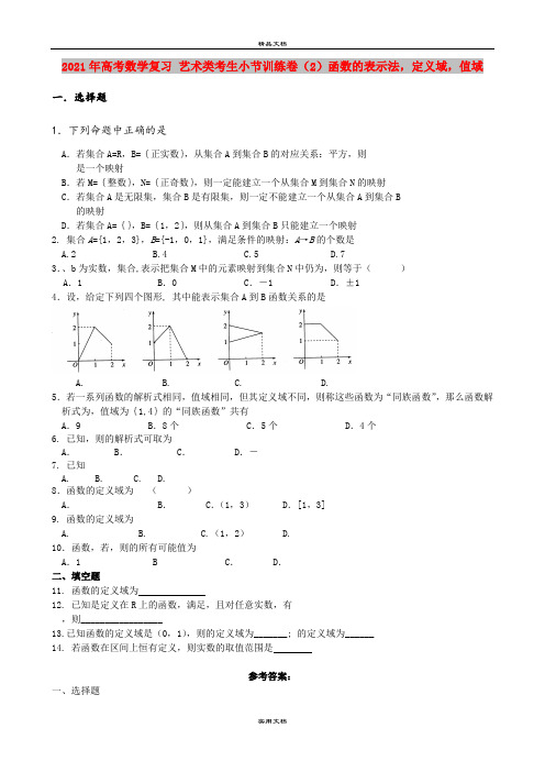 2021年高考数学复习 艺术类考生小节训练卷(2)函数的表示法,定义域,值域