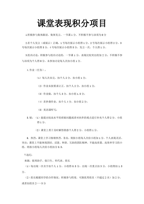 小组合作学习奖励办法--------课堂表现积分项目