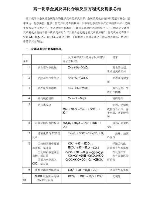 高一化学金属及其化合物反应方程式及现象总结