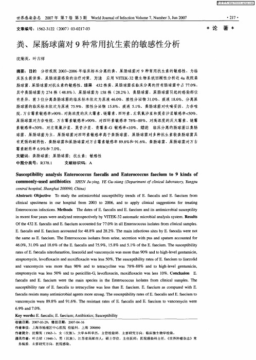 粪、屎肠球菌对9种常用抗生素的敏感性分析