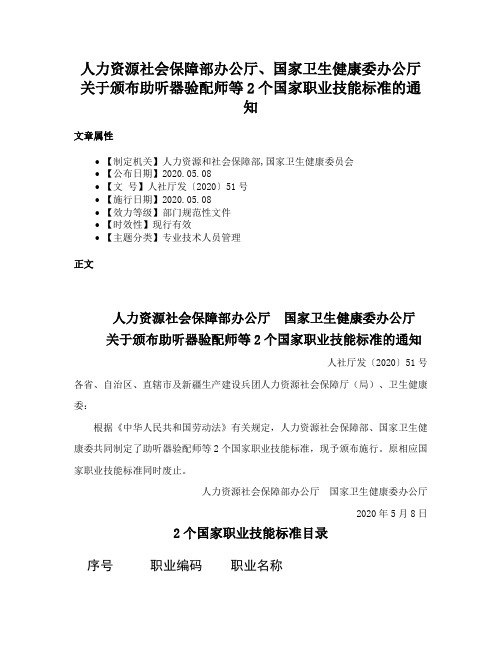 人力资源社会保障部办公厅、国家卫生健康委办公厅关于颁布助听器验配师等2个国家职业技能标准的通知