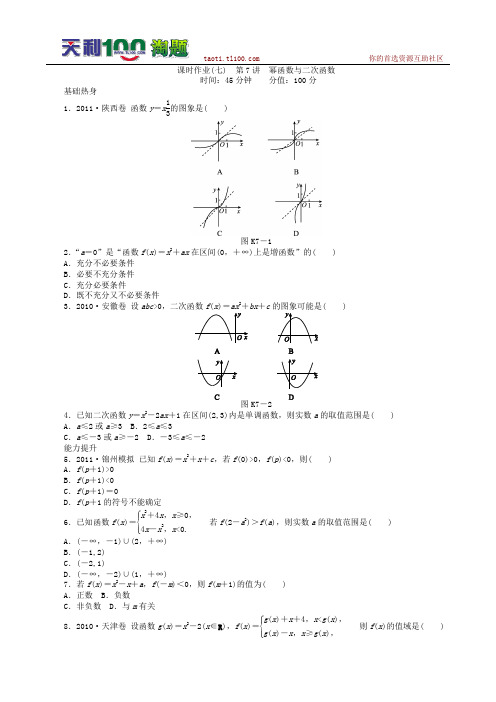 2013届高三人教B版文科数学一轮复习课时作业(7)幂函数与二次函数