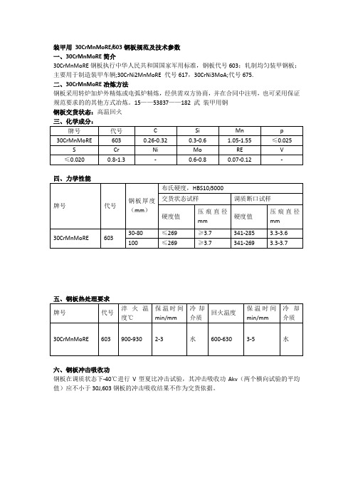 装甲用 30CrMnMoRE 603钢板规范及技术参数