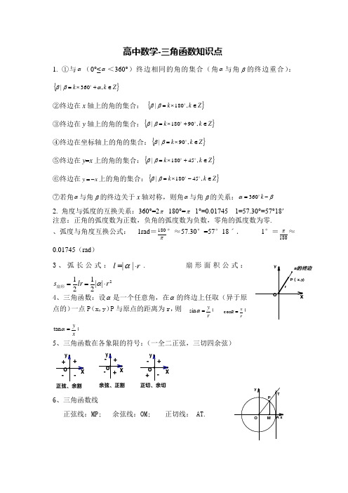 高中数学三角函数知识点总结实用版