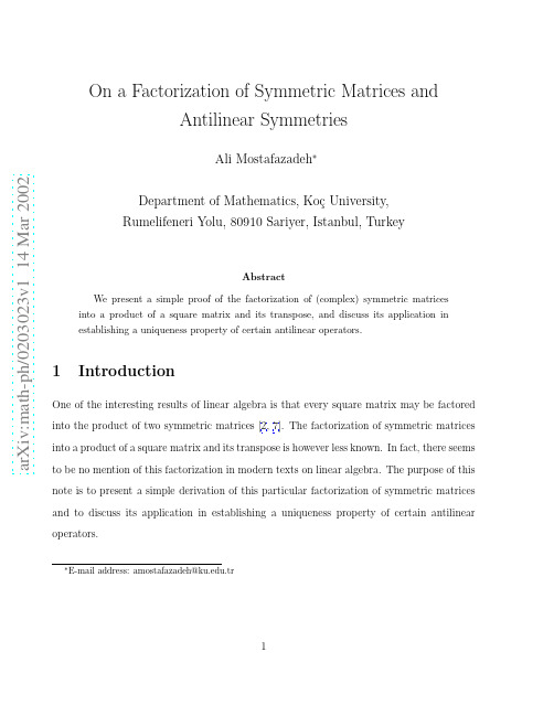 On a Factorization of Symmetric Matrices and Antilinear Symmetries