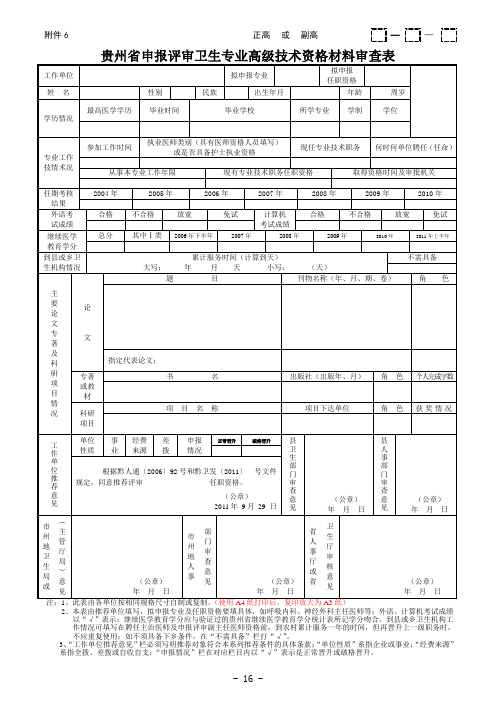 贵州省申报评审卫生专业高级技术资格材料审查表