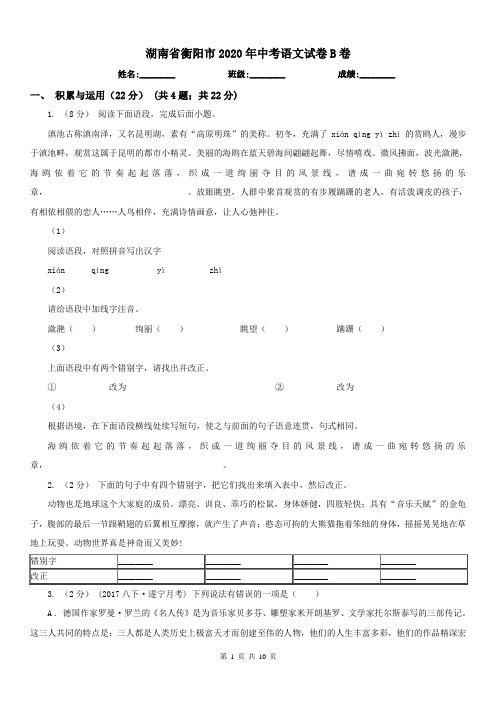 湖南省衡阳市2020年中考语文试卷B卷