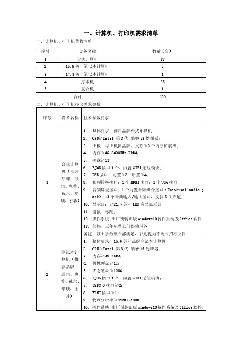 一、计算机、打印机需求清单