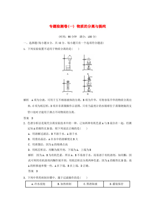 【精选】高中化学专题一物质的分离与提纯专题检测卷苏教版选修6