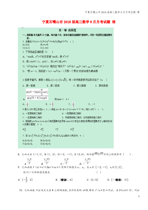 宁夏石嘴山市2018届高三数学9月月考试题 理