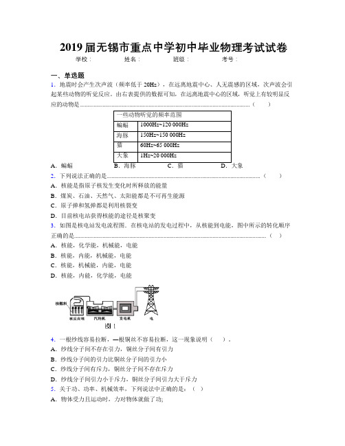 2019届无锡市重点中学初中毕业物理考试试卷