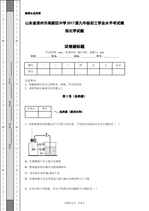 山东省滨州市高新区中学2017届九年级初三学业水平考试模拟化学试题