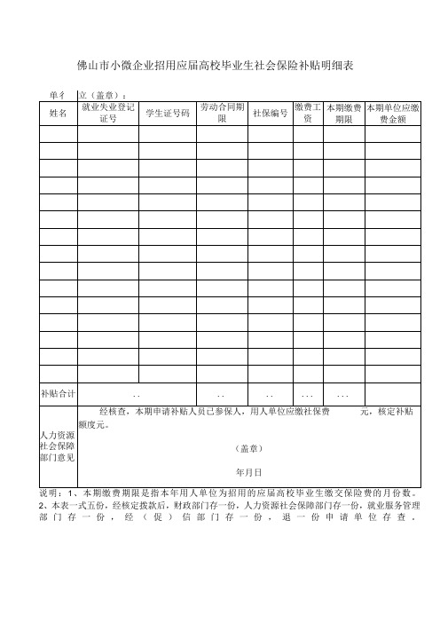 小微企业招用应届高校毕业生社会保险补贴明细表