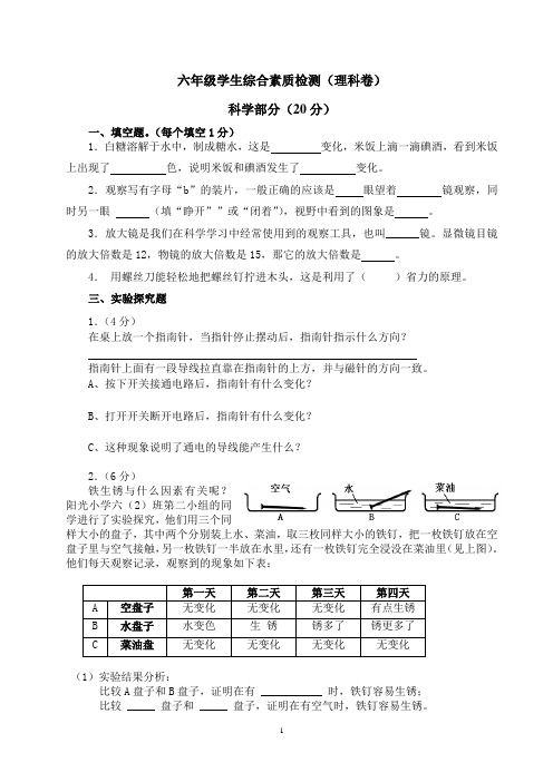 1_六年级素质测试卷叶浅予模拟(理科)公开课