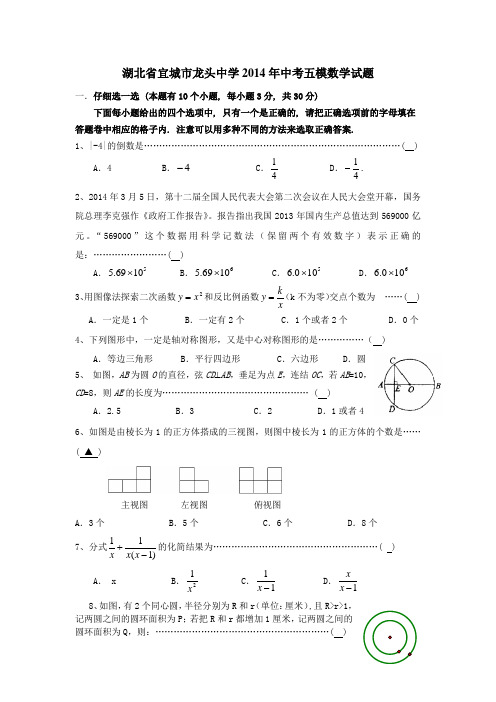 湖北省宜城市龙头中学2014年中考五模数学试题