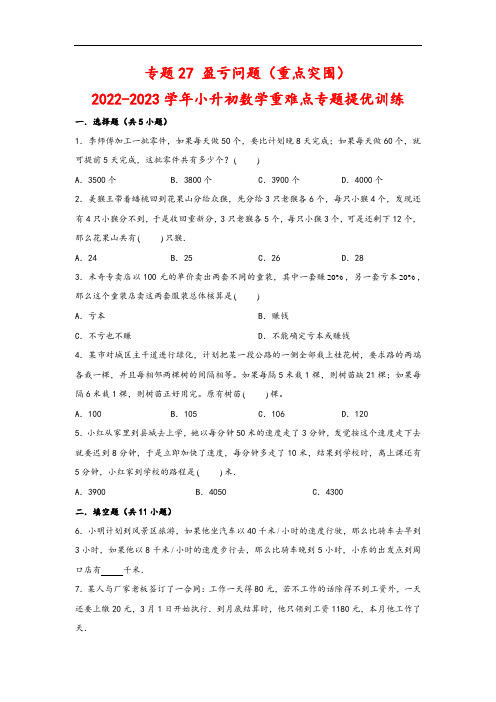 专题27+盈亏问题(重点突围)-2022-2023学年小升初数学重难点专题提优训练(通用版)