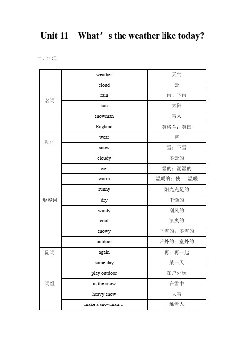 广州版小学英语五年级上册  Unit 11  What’s the weather like today重点总结(含习题和答案)