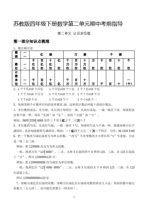 苏教版四年级下册数学第二单元期中考前指导--学生版