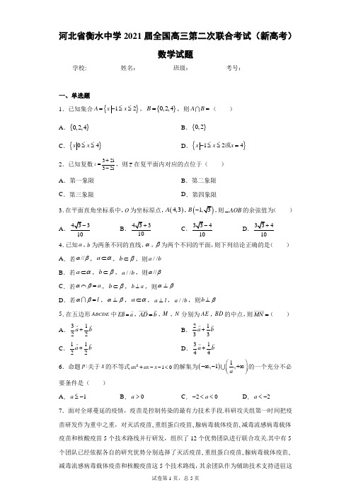 河北省衡水中学2021届全国高三第二次联合考试(新高考)数学试题(含答案解析)