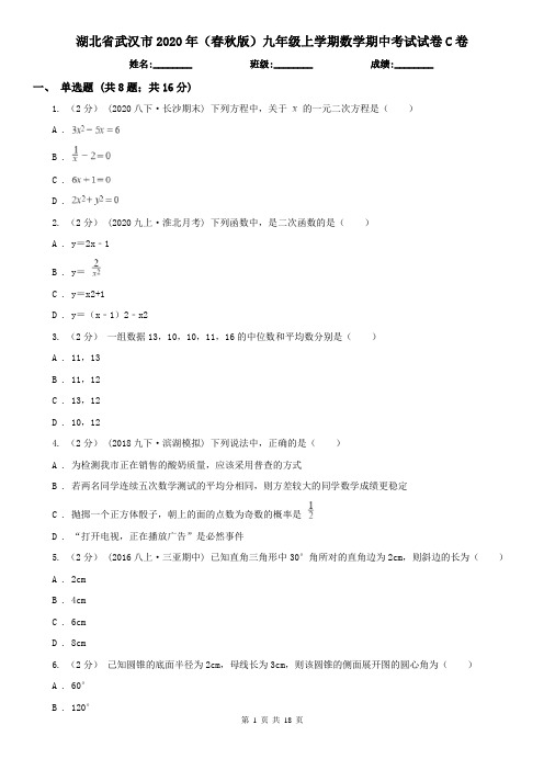 湖北省武汉市2020年(春秋版)九年级上学期数学期中考试试卷C卷