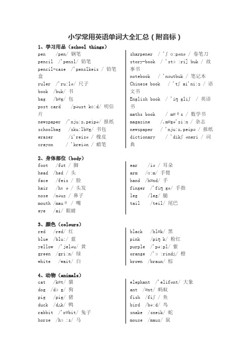 小学常用英语单词大全汇总