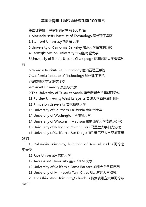 美国计算机工程专业研究生前100排名