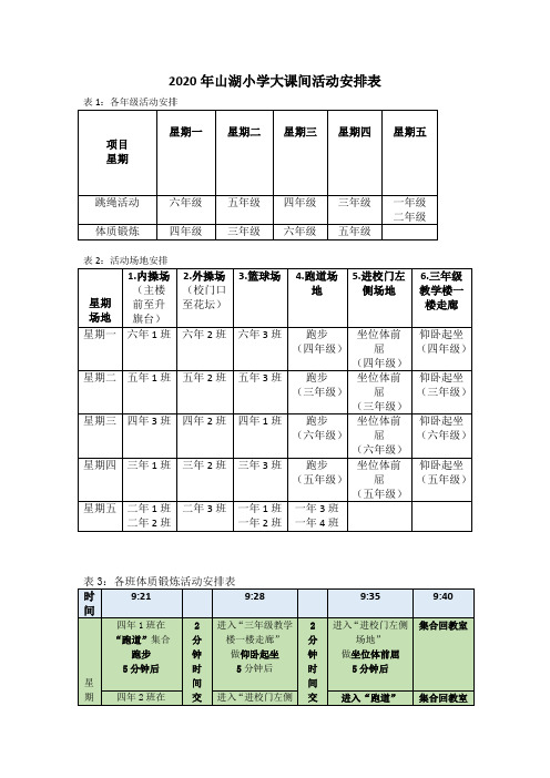 2020年山湖小学大课间活动安排表