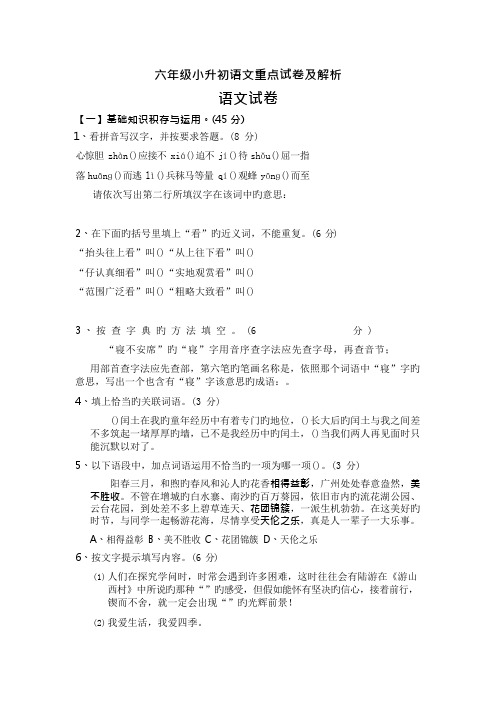 六年级小升初语文重点试卷及解析.doc(可编辑修改word版)