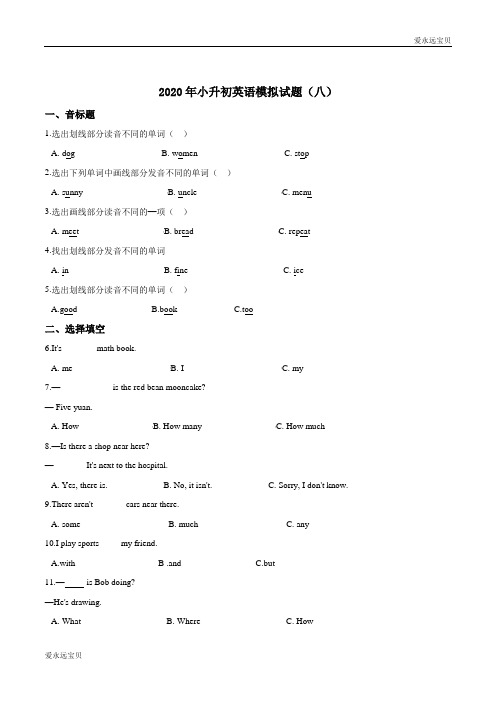 2020年小升初英语模拟必刷题(八) (湘少版含答案)