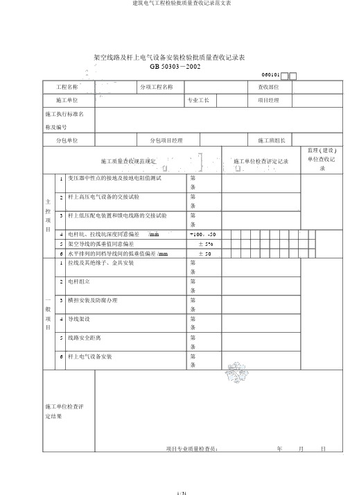 建筑电气工程检验批质量验收记录范文表