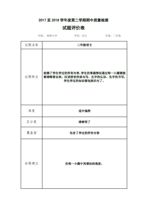 二年级二班语文试卷分析及试题评价表