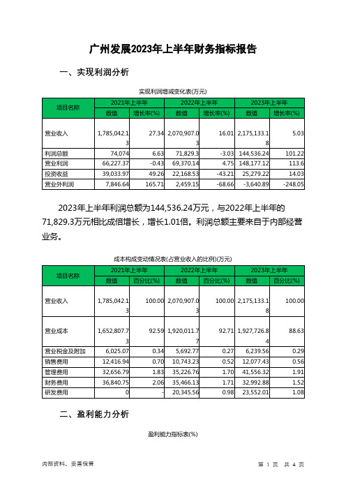 600098广州发展2023年上半年财务指标报告