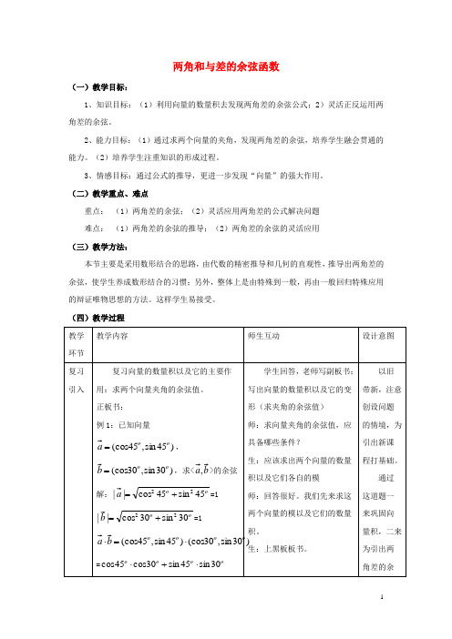 陕西省吴堡县吴堡中学高中数学 第三章 两角和与差的余弦函数参考教案 北师大版必修4