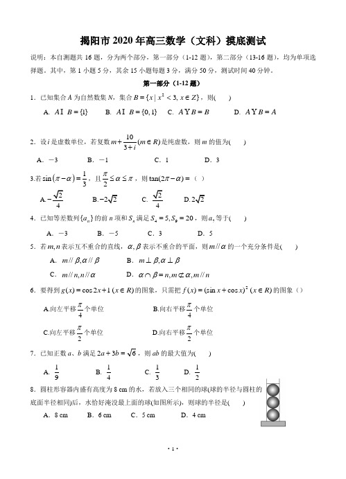 广东省揭阳市2020届高三摸底测试 数学(文)试题(含答案)