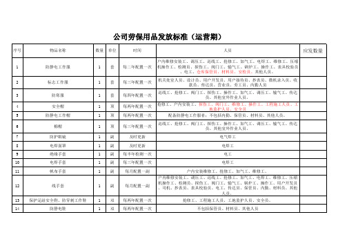 劳保用品发放标准明细